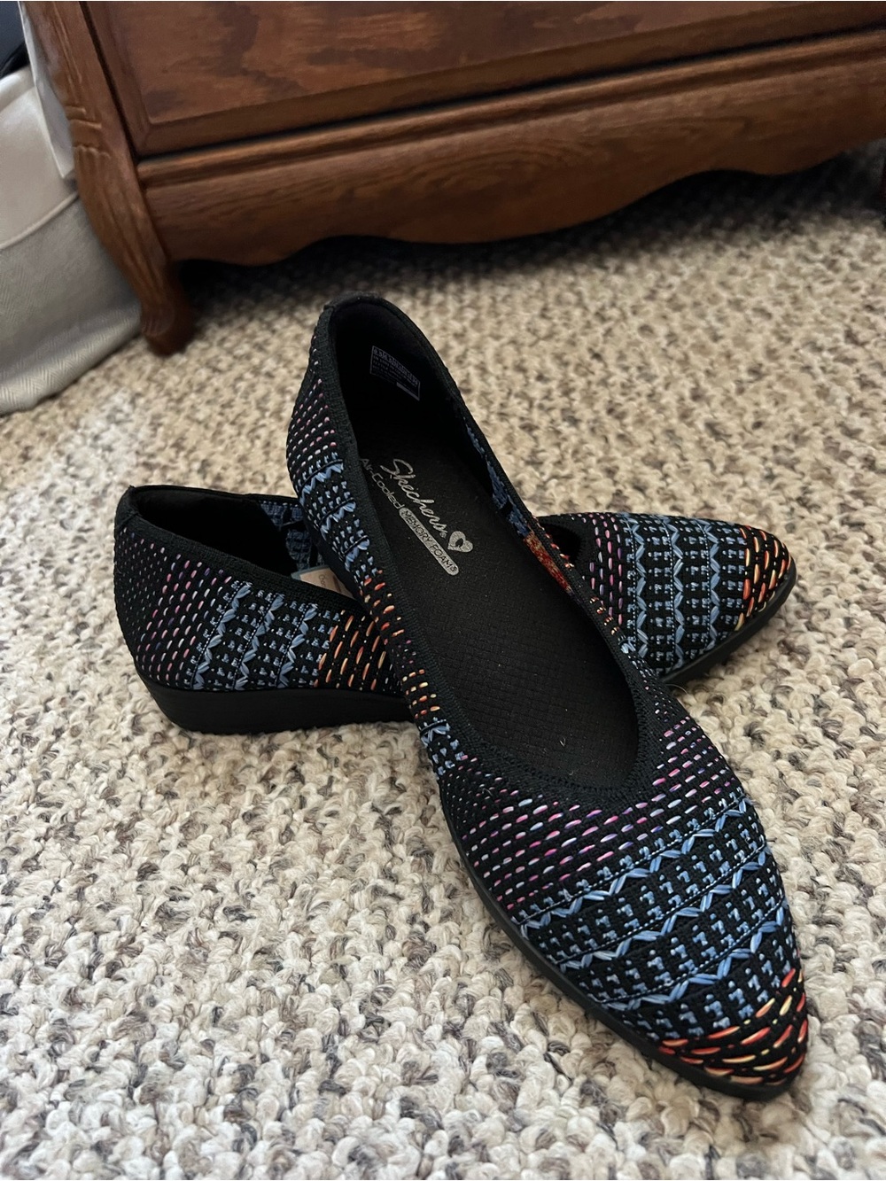 Skechers Black Knit Pointed-Toe Flats with Multi-Color Weave